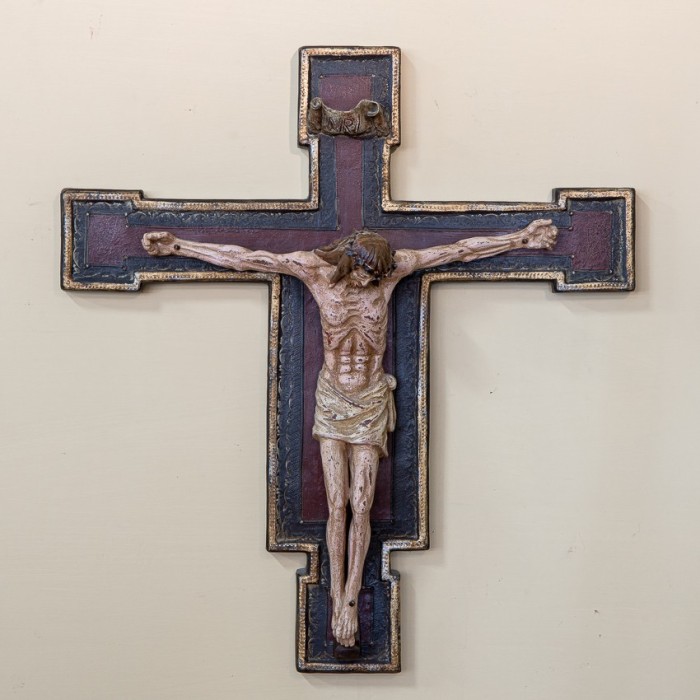 Large Patinated Colorful and Gold Byzantine Crucifix in Ceramic